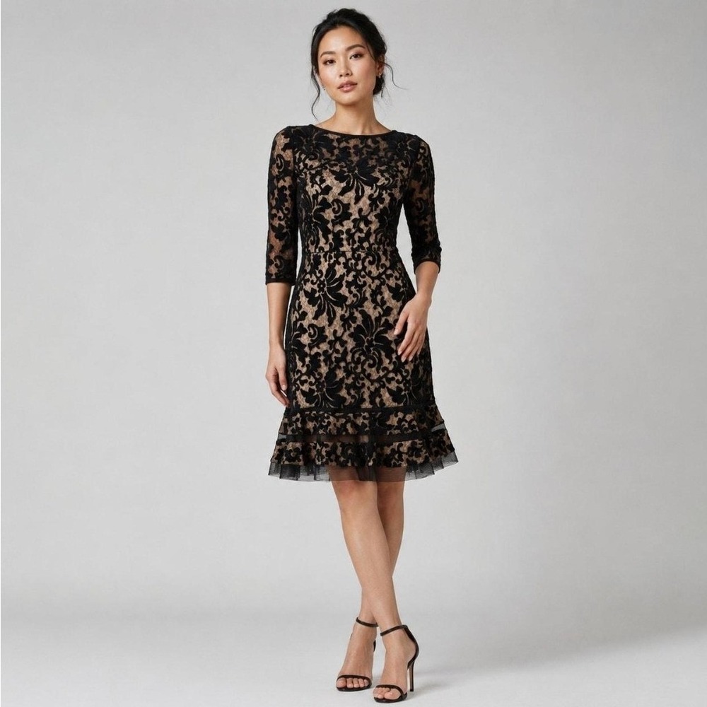Tadashi Shoji Black Lace Flounce Hem Cocktail Dress 3K1147M Size 10